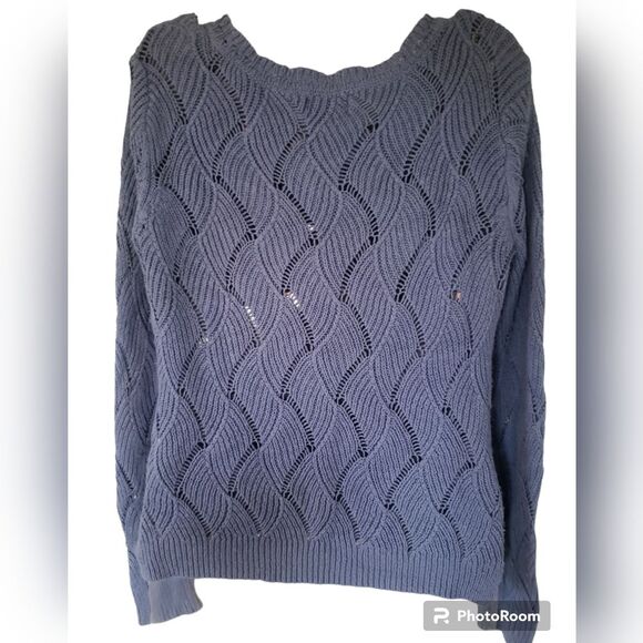 Laura Scott Pointelle Knit Sweater – Heather Blue, Size Small Scalloped Crew - Picture 2 of 7